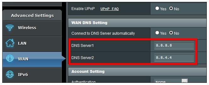 Primary DNS entry field