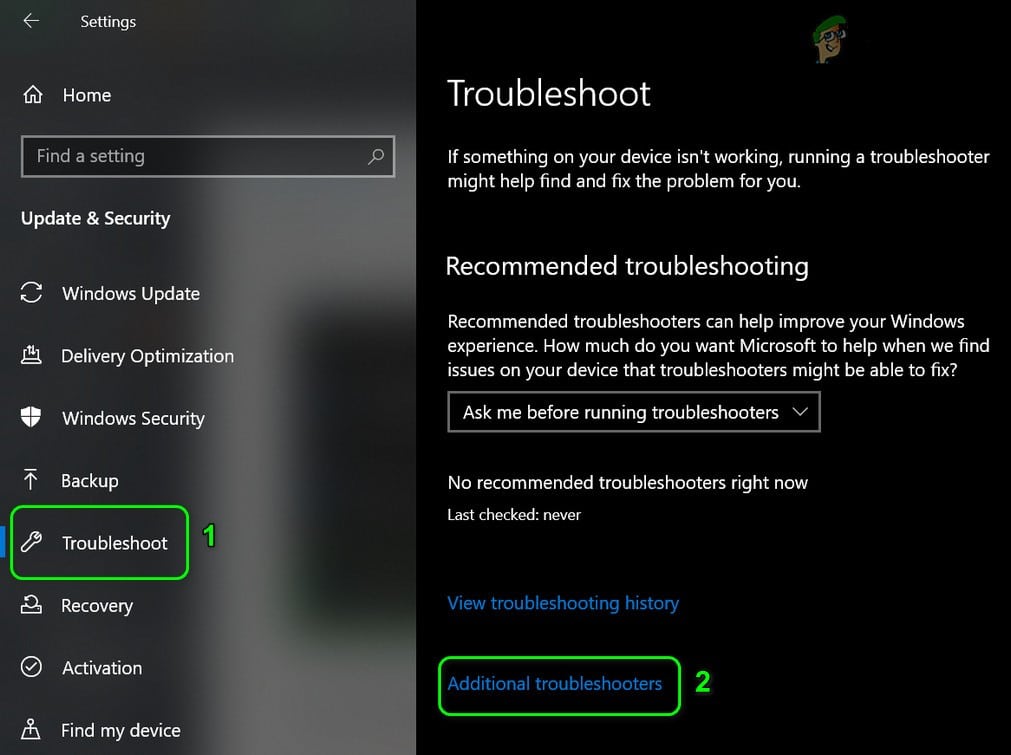 Troubleshoot and then click on Additional Troubleshooters