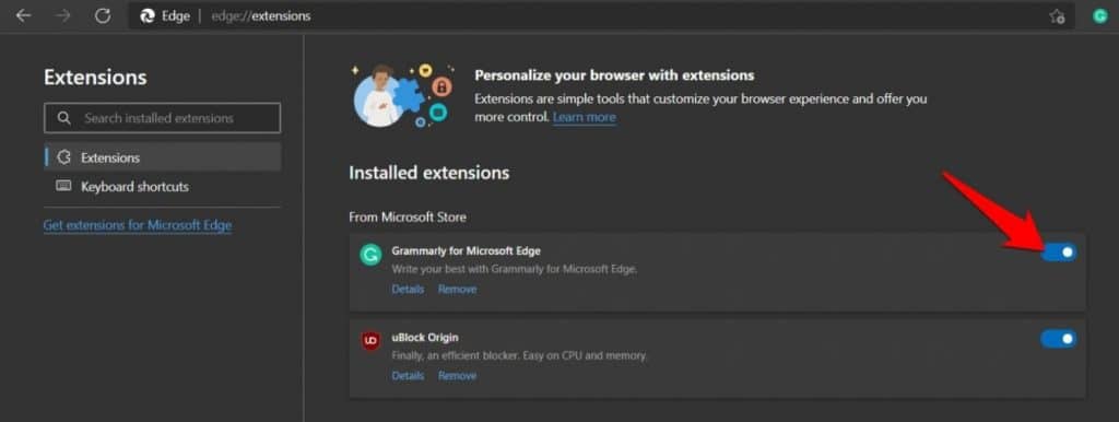 Update or uninstall some Microsoft Edge extensions