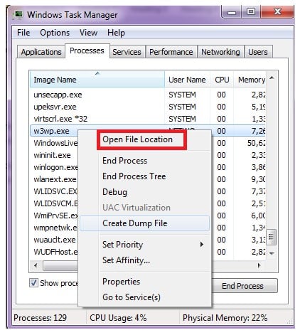 W3wp exe Open file location option