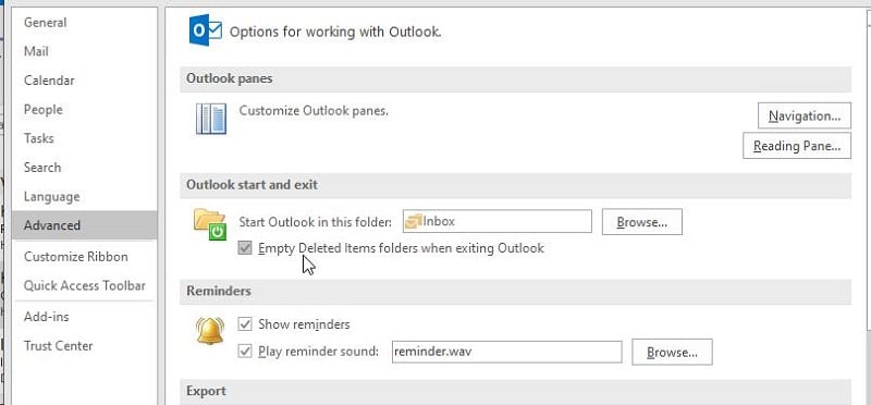 Empty Deleted Items folders when exiting the Outlook
