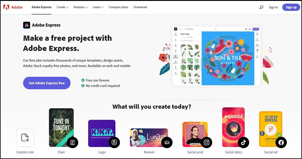 Adobe express Homepage