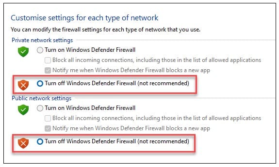Disabling Firewall on Windows