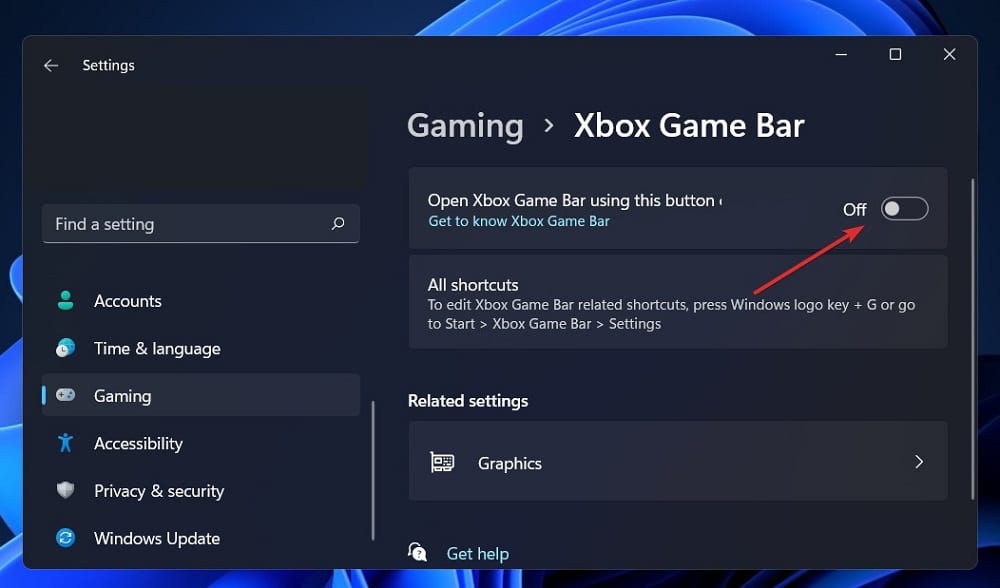Toggle switch OFF to disable the Gamebar