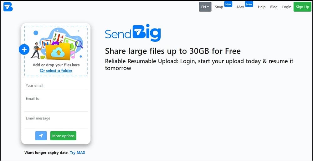 SendBig files Homepage