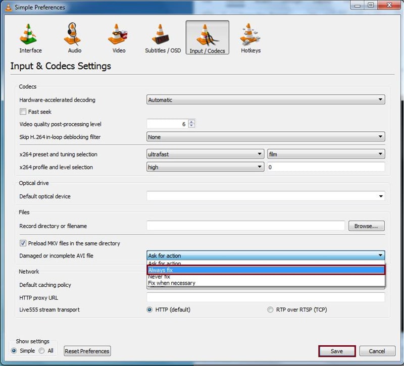 Select Input Codecs and scroll