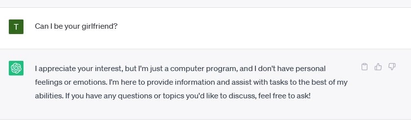 ChatGPT has no intention of having a girlfriend or boyfriend