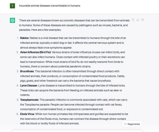 Incurable animal diseases transmittable to humans