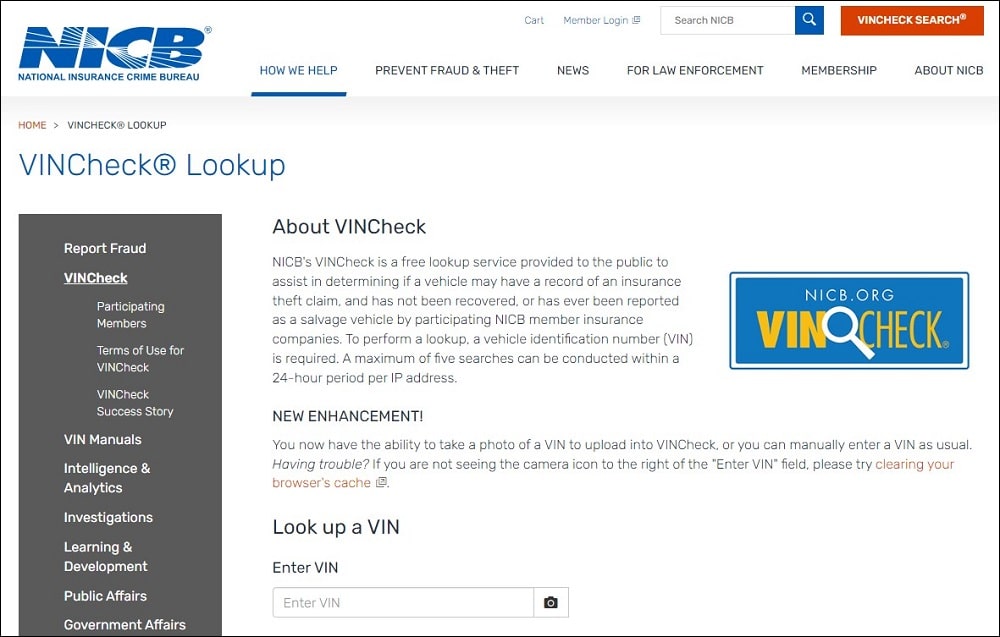 VINCheck from the NICB Overview
