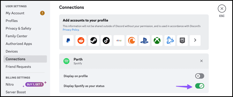 Display Spotify as your status