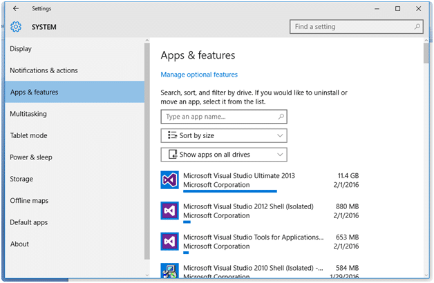 Apps and Features within the settings window