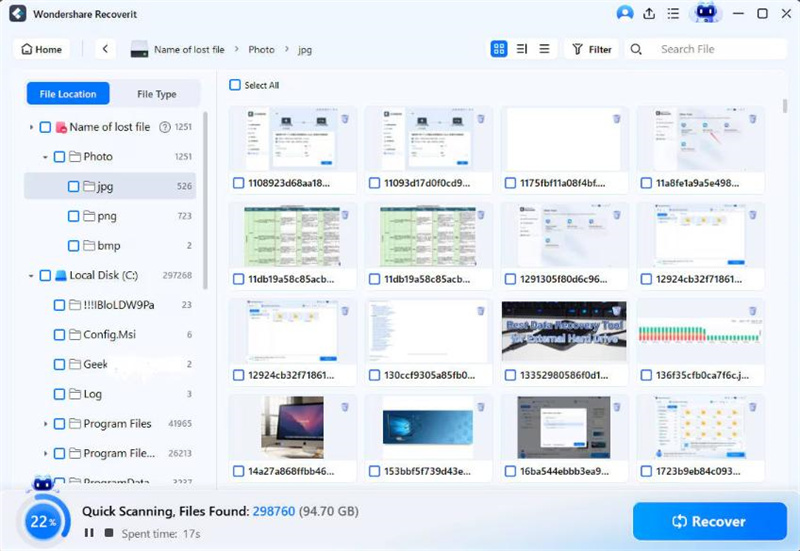 Recoverit scanning an SD card for deleted photos, videos, and documents