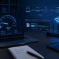Laptop speed test beside a slow download, router, and network diagnostic indicators