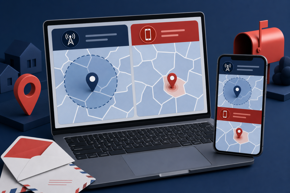 Laptop and phone comparing an approximate IP ZIP code with a more precise device location