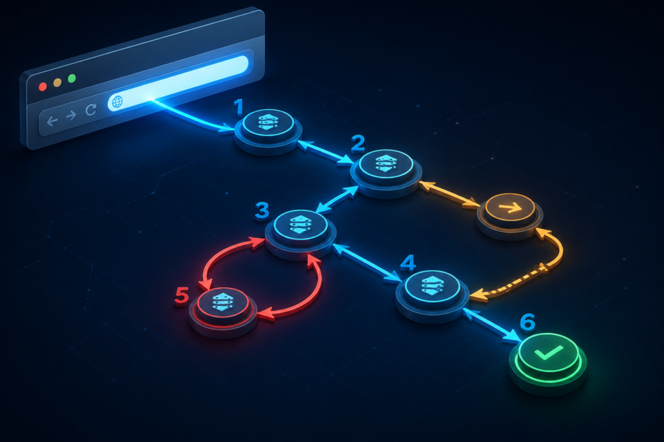 URL redirect trace showing extra hops, a loop, and the final destination