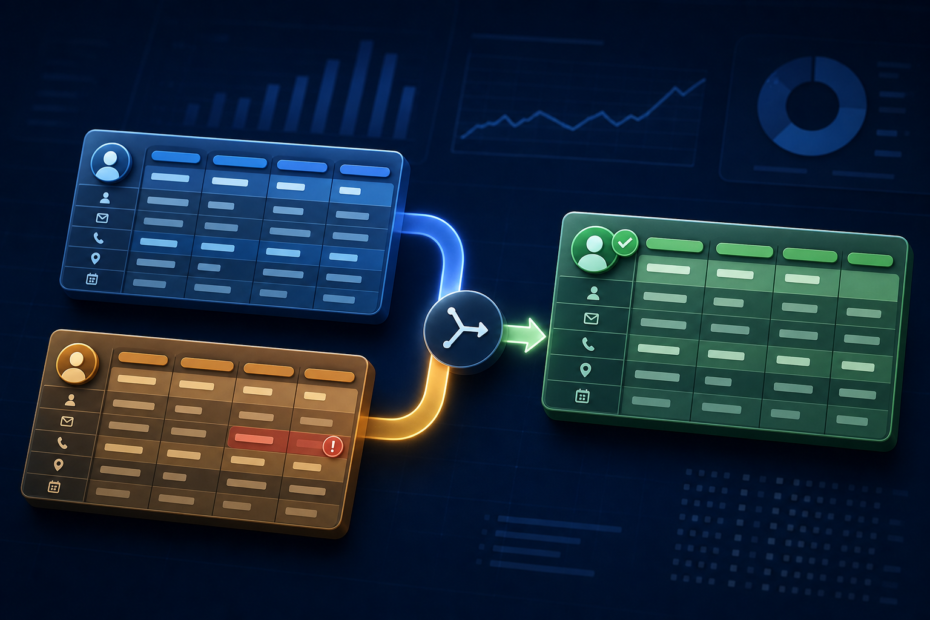 Duplicate spreadsheet customer records merging into one reviewed record with a conflict flagged