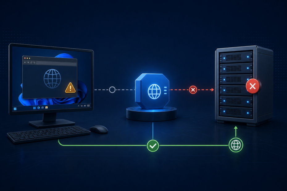 Proxy error troubleshooting path showing a Windows browser, network gateway, and upstream server