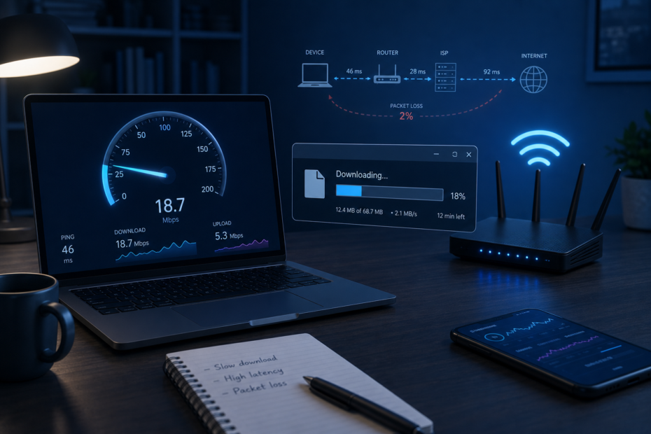Laptop speed test beside a slow download, router, and network diagnostic indicators