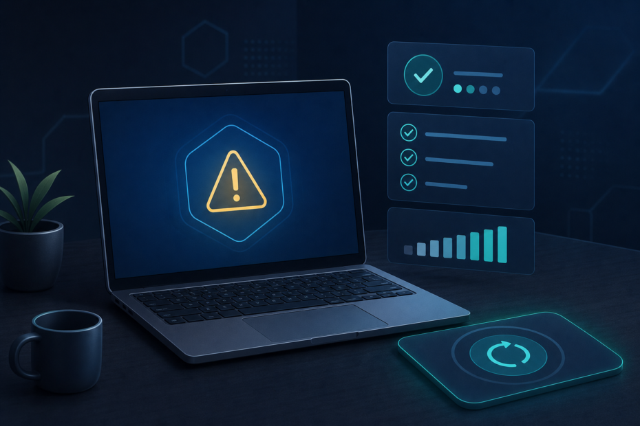 Laptop showing a Codex usage limit warning beside a reset checklist and status indicator