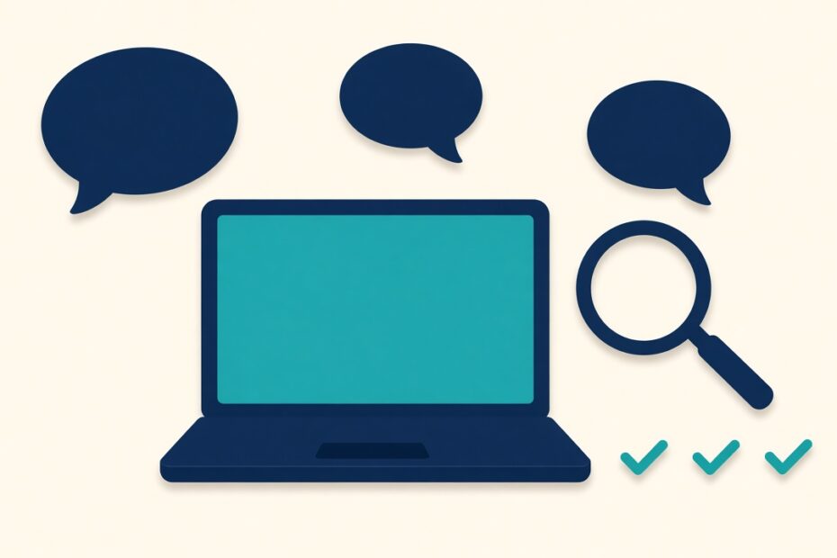 Illustration of a laptop with blank chat bubbles, a magnifying glass and three checkmarks