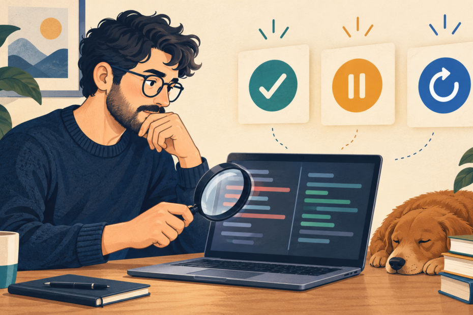 Illustration of a developer inspecting code on a laptop beside checkmark, pause and revision symbols